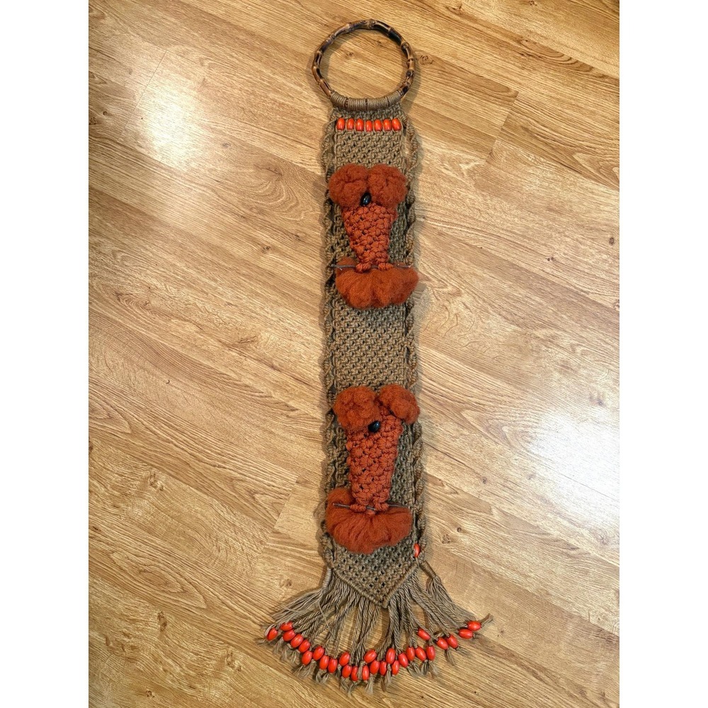 Vintage Handcrafted 46"‎ Owls Macramé Wall Hanging Bamboo Ring Orange Beads